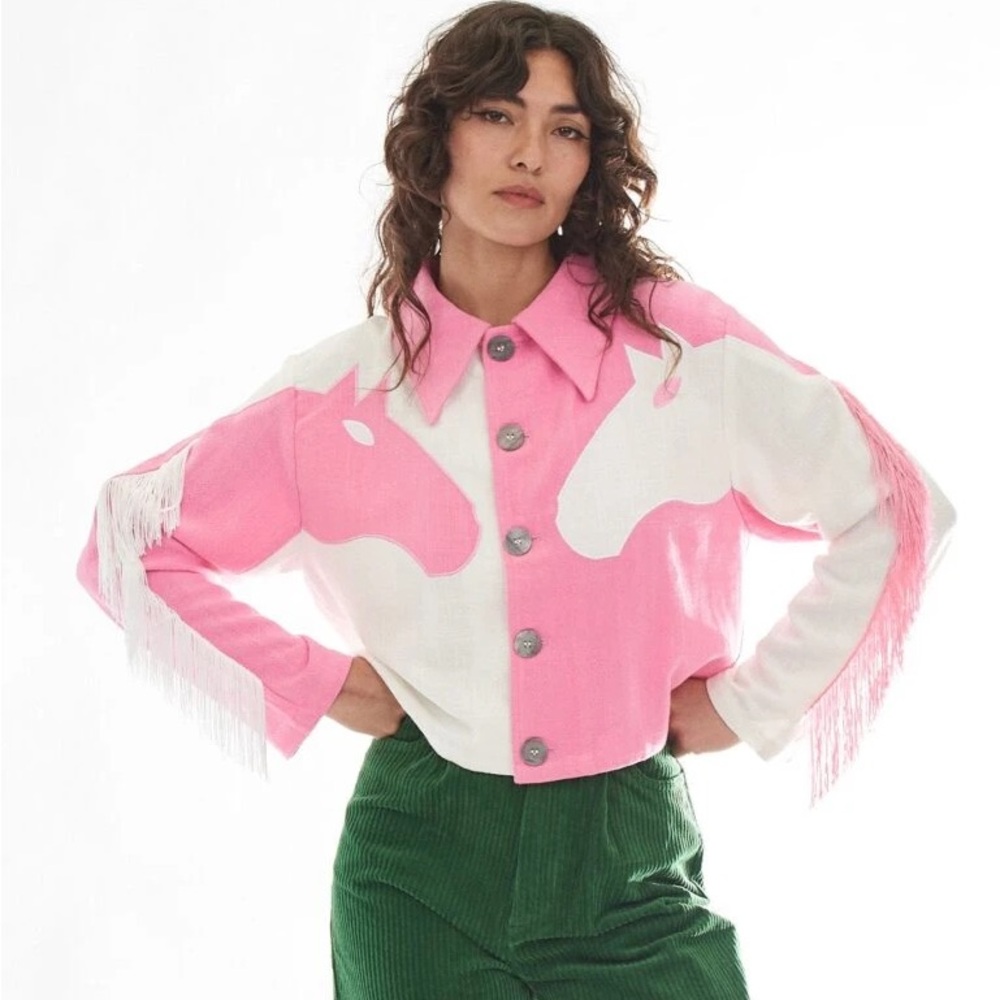 RARE Fashion Brand Company Dueling Horses Linen Crop Jacket Pink/White— Size M/L